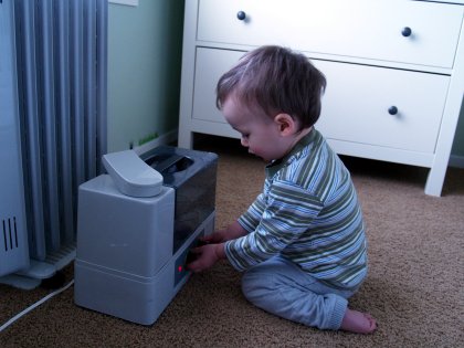 Spike explores the controls on a humidifier I used to play with when I was a child